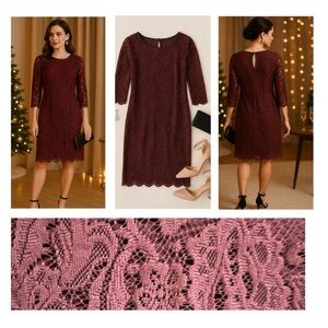 3/$30 REITMANS Burgandy Floral Lace Overlay Long Sleeve Dress Sz M Romantic Fem